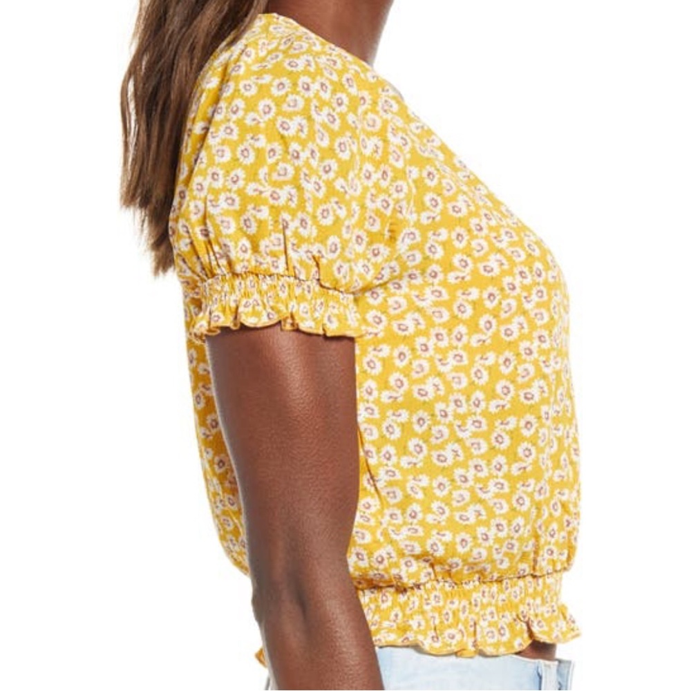 One Clothing Women's Puff Sleeve Front Wrap Crop Top, Yellow Floral,  MEDIUM - Picture 3 of 7